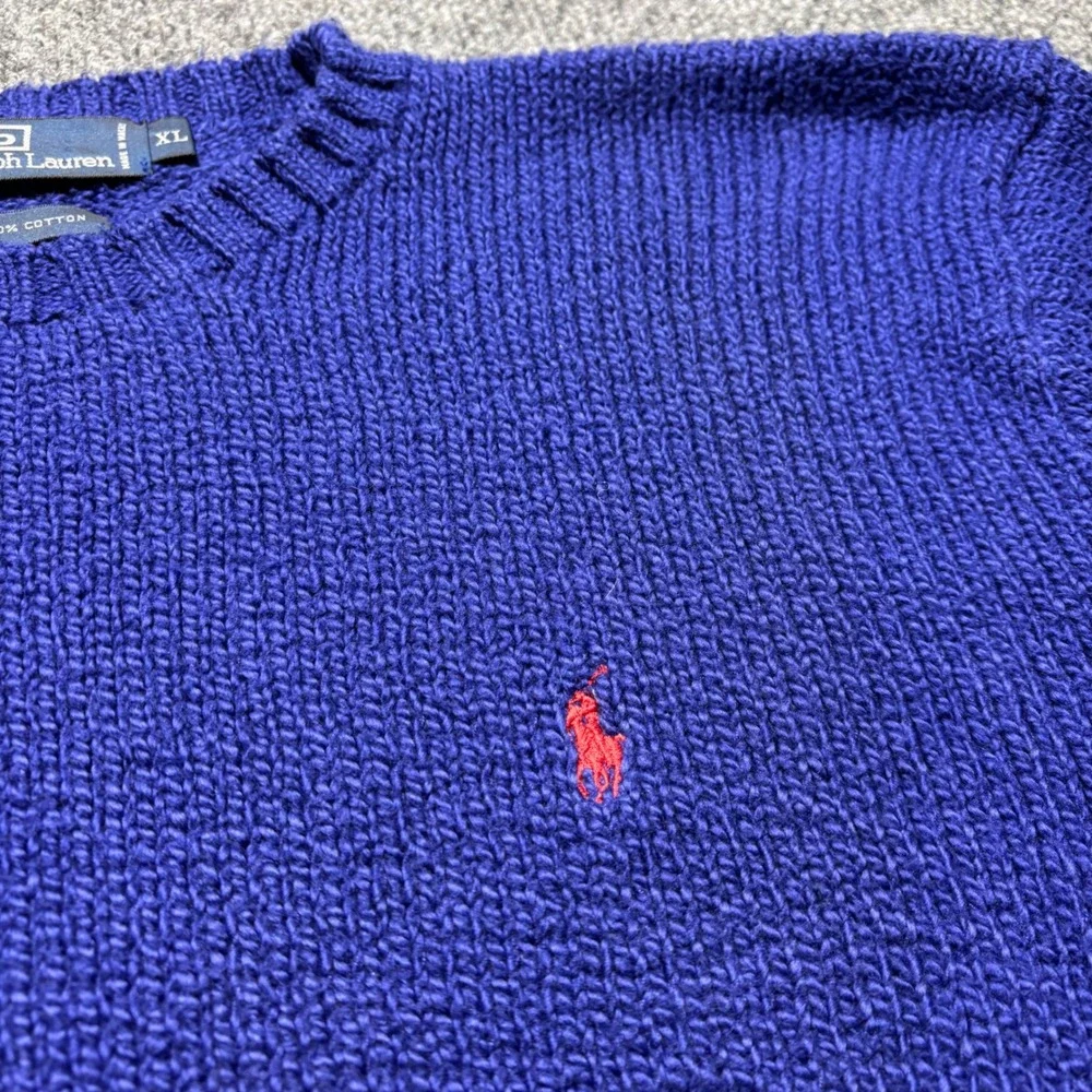 Polo Ralph Lauren Mens XL Royal Blue Cotton Knit Crewneck Sweater Red Pony Logo